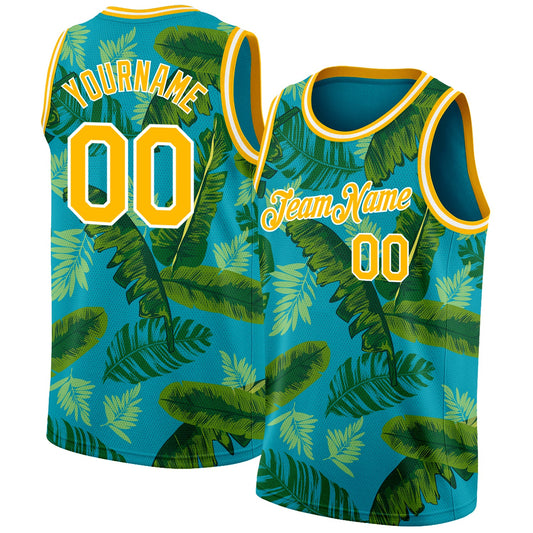 Custom Teal Gold-White 3D Pattern Tropical Hawaii Leaves Authentic Basketball Jersey - Main View