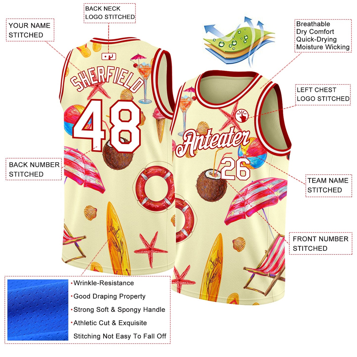 Custom Cream White-Red 3D Pattern Tropical Hawaii Beach Authentic Basketball Jersey view 2