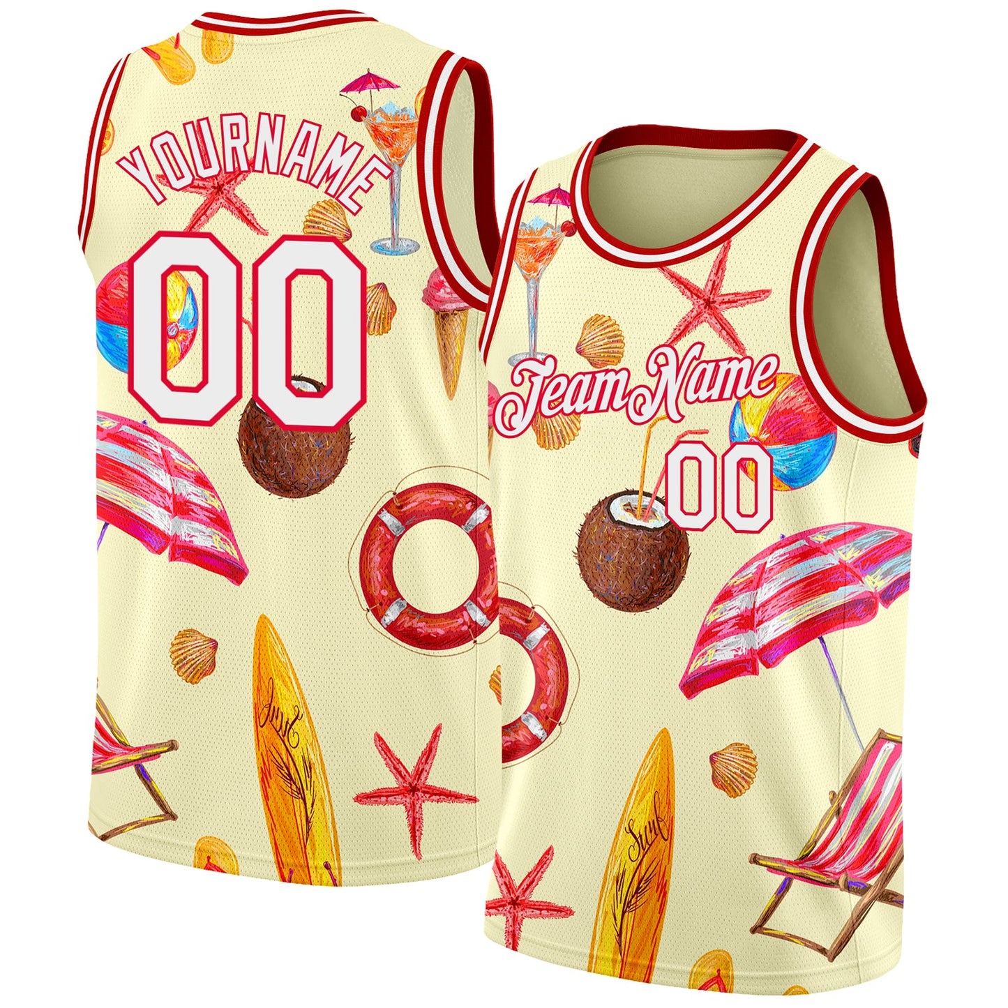 Custom Cream White-Red 3D Pattern Tropical Hawaii Beach Authentic Basketball Jersey - Main View