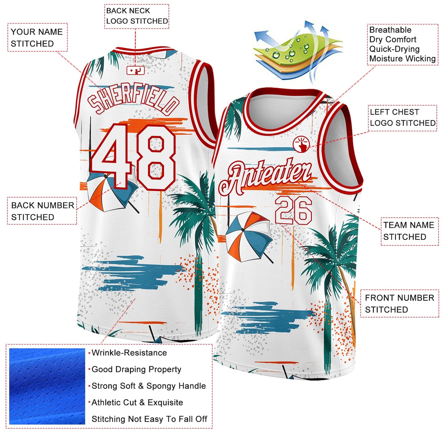 Custom White Red 3D Pattern Tropical Beach Hawaii Palm Trees Authentic Basketball Jersey view 2