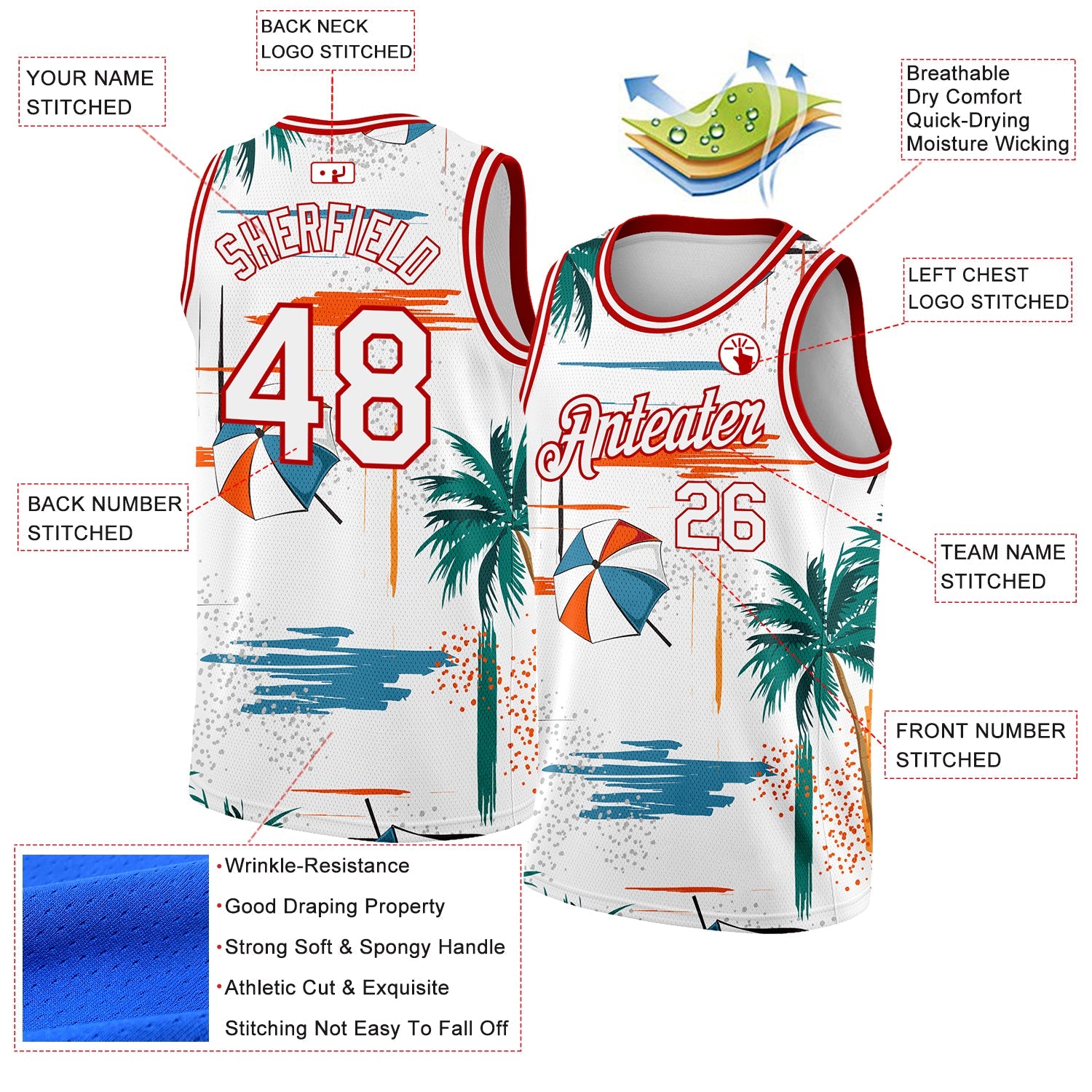 Custom White Red 3D Pattern Tropical Beach Hawaii Palm Trees Authentic Basketball Jersey view 2