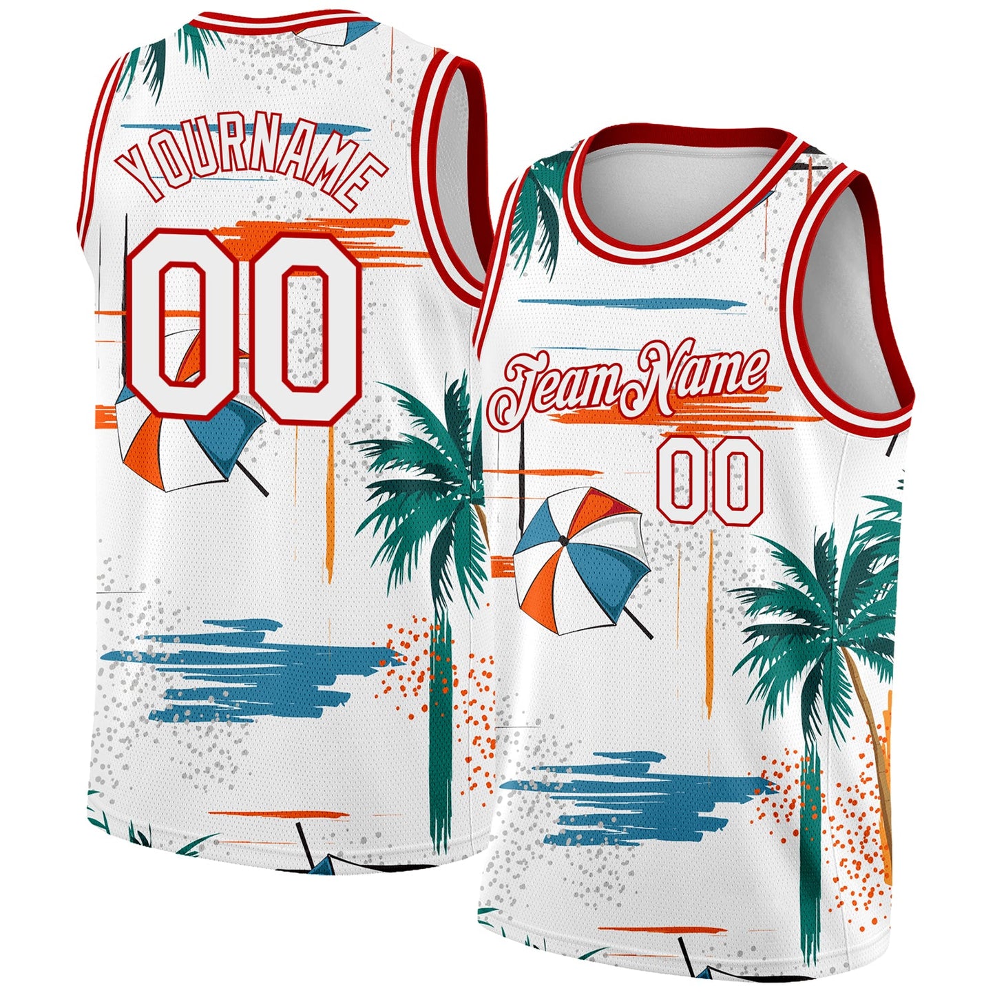 Custom White Red 3D Pattern Tropical Beach Hawaii Palm Trees Authentic Basketball Jersey - Main View