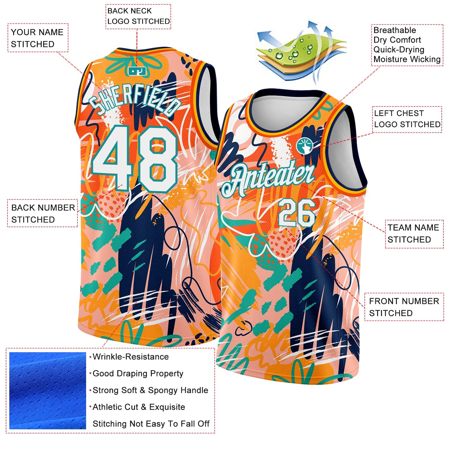 Custom Orange White-Teal 3D Pattern Abstract Hawaii Plant Graffiti Grunge Art Authentic Basketball Jersey view 2
