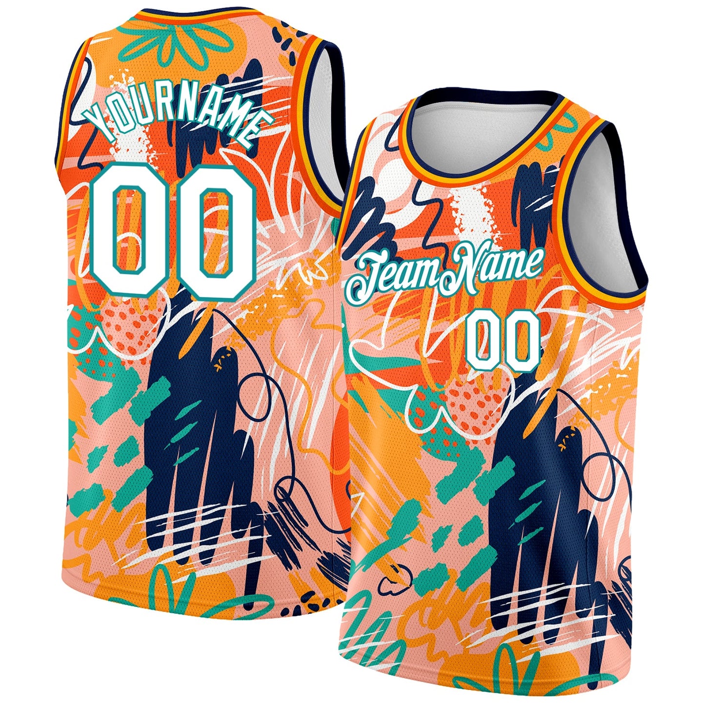 Custom Orange White-Teal 3D Pattern Abstract Hawaii Plant Graffiti Grunge Art Authentic Basketball Jersey - Main View