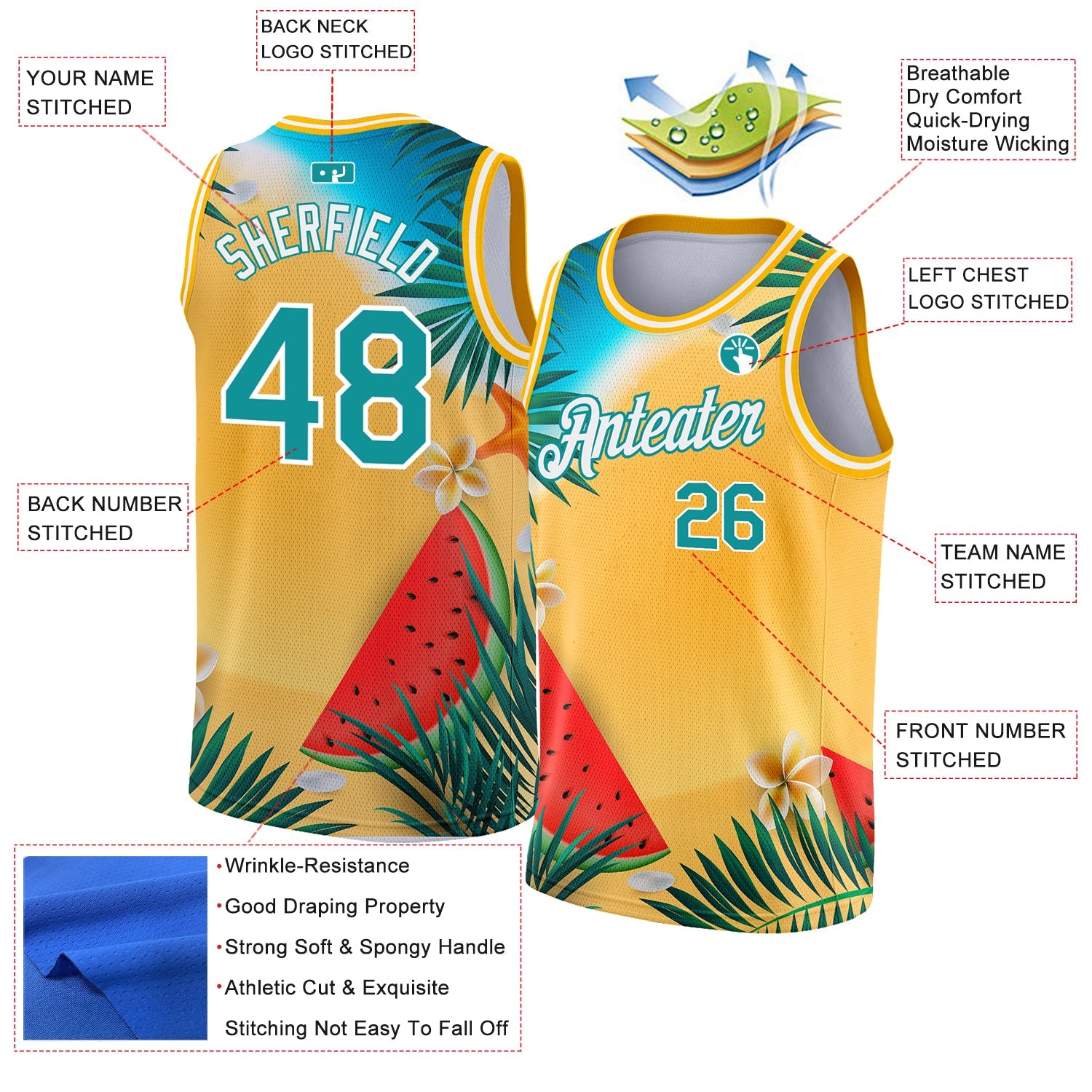 Custom Gold Teal-White 3D Pattern Tropical Beach Hawaii Palm Trees Authentic Basketball Jersey view 2