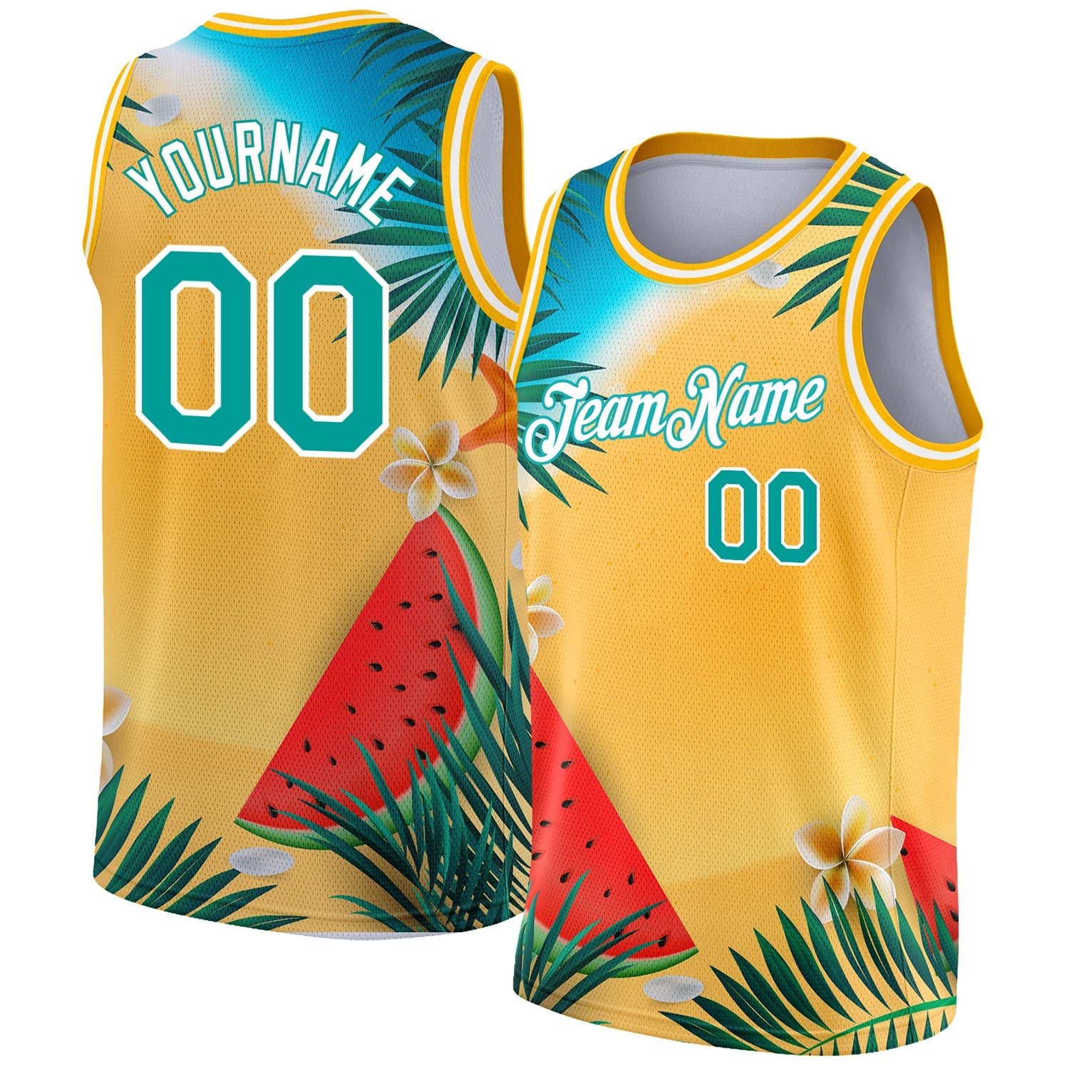 Custom Gold Teal-White 3D Pattern Tropical Beach Hawaii Palm Trees Authentic Basketball Jersey - Main View