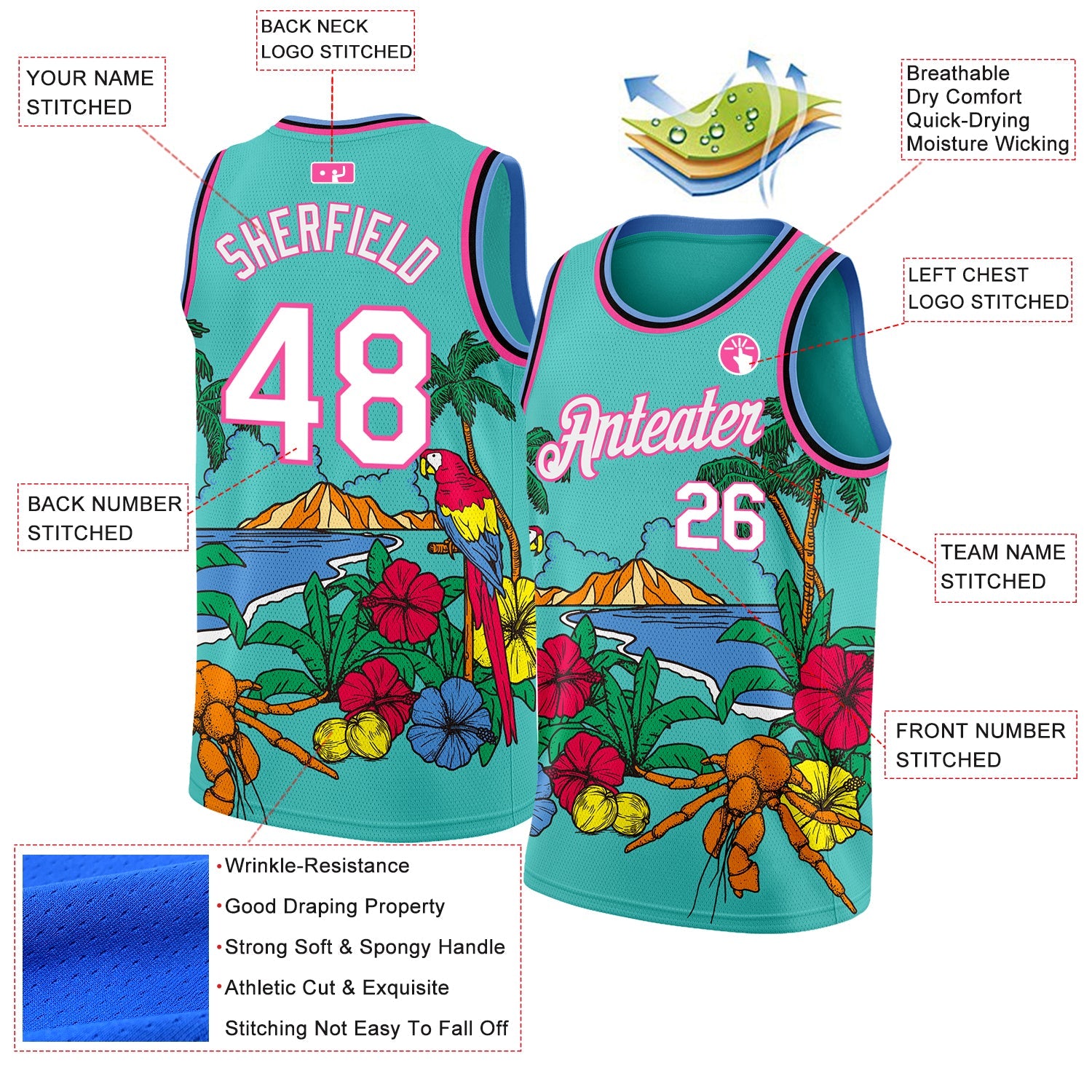 Custom Aqua Pink Light Blue-Black 3D Pattern Tropical Beach Hawaii Palm Trees Authentic Basketball Jersey view 2