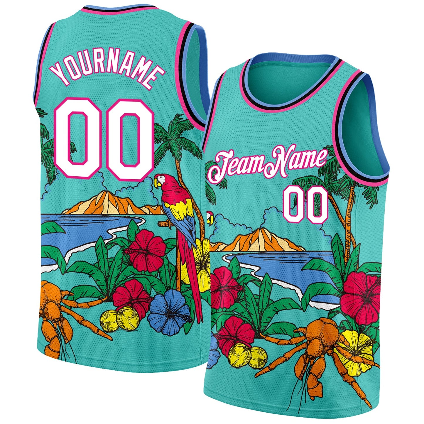 Custom Aqua Pink Light Blue-Black 3D Pattern Tropical Beach Hawaii Palm Trees Authentic Basketball Jersey - Main View