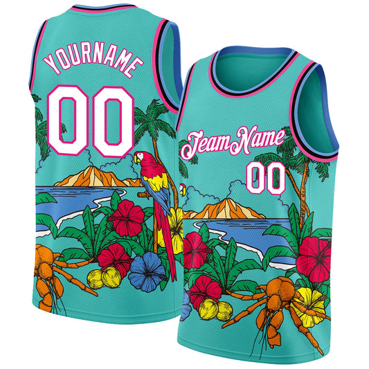 Custom Aqua Pink Light Blue-Black 3D Pattern Tropical Beach Hawaii Palm Trees Authentic Basketball Jersey - Main View