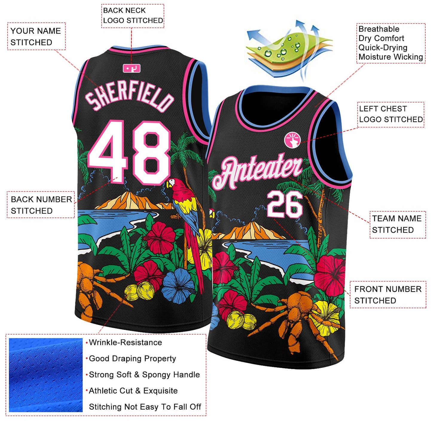 Custom Black White Pink-Light Blue 3D Pattern Tropical Beach Hawaii Palm Trees Authentic Basketball Jersey view 3