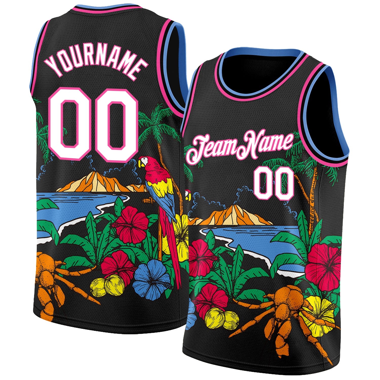 Custom Black White Pink-Light Blue 3D Pattern Tropical Beach Hawaii Palm Trees Authentic Basketball Jersey - Main View