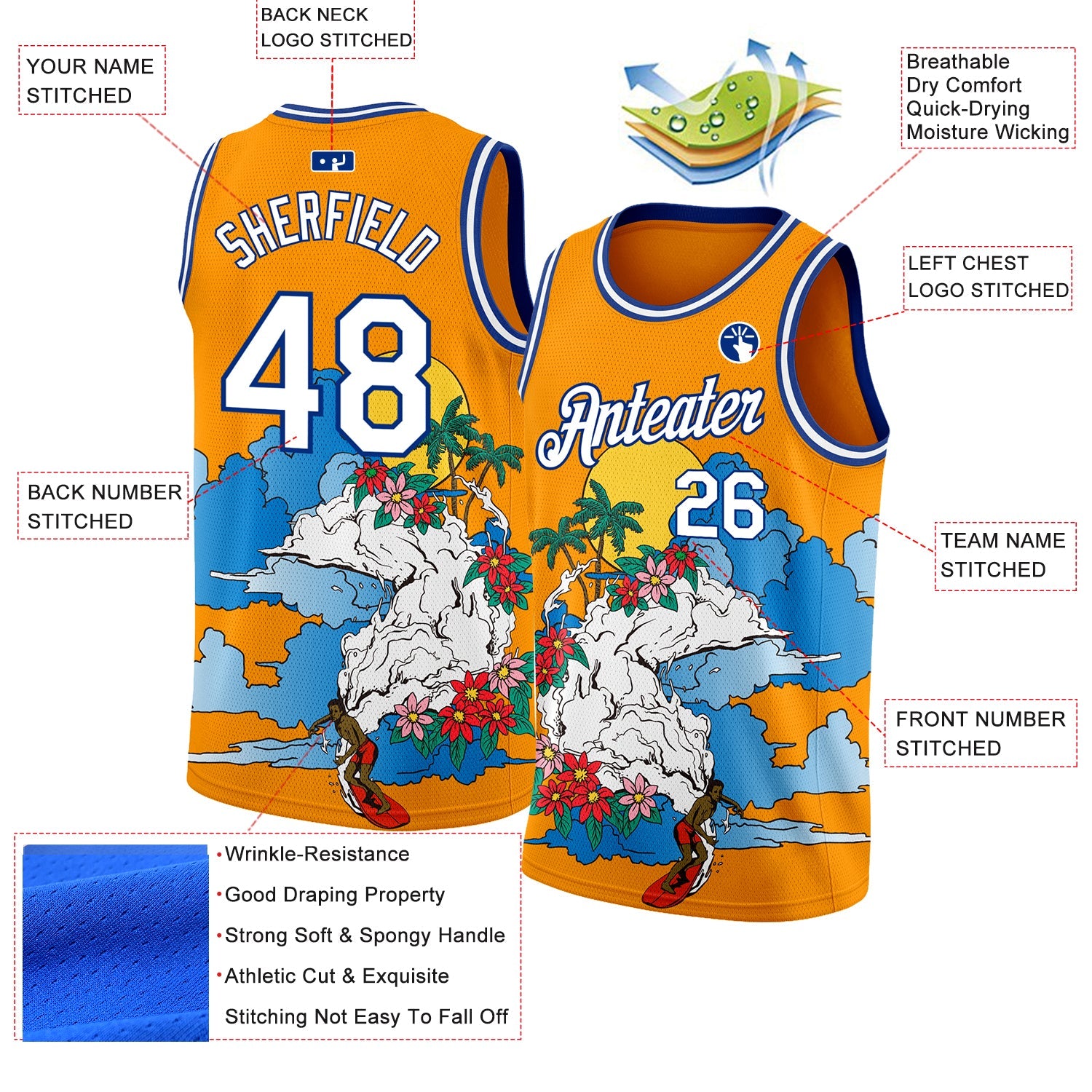 Custom Bay Orange White-Royal 3D Pattern Tropical Beach Hawaii Palm Trees Authentic Basketball Jersey view 2