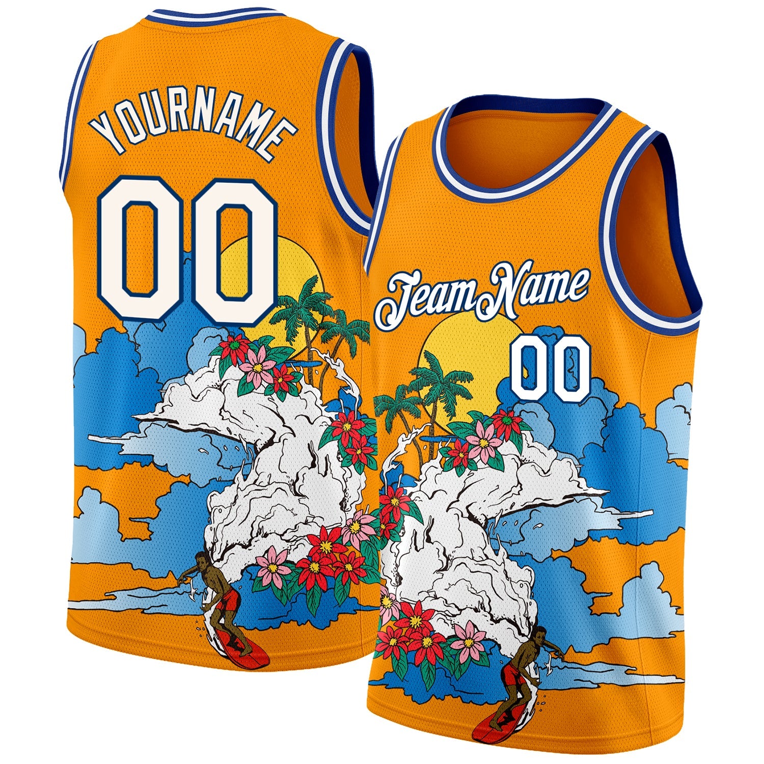 Custom Bay Orange White-Royal 3D Pattern Tropical Beach Hawaii Palm Trees Authentic Basketball Jersey - Main View
