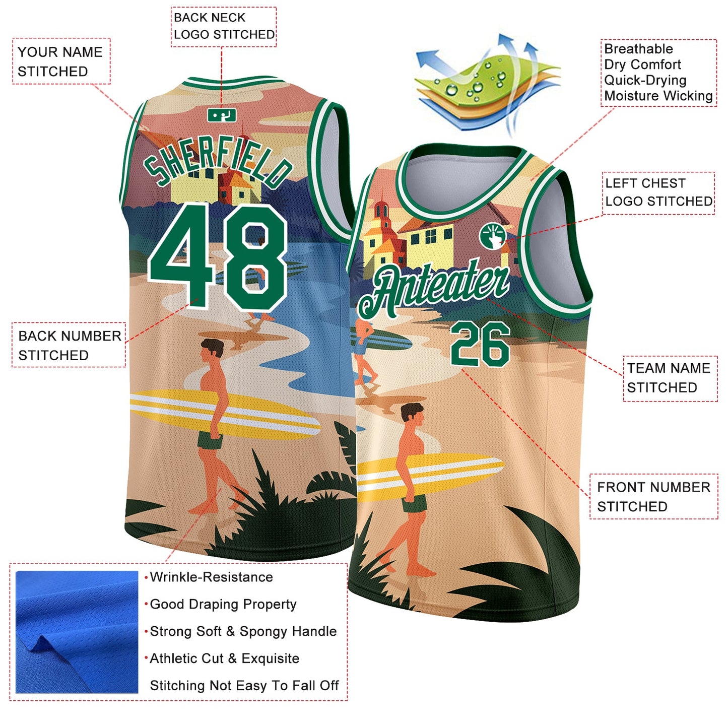 Custom Sand Kelly Green-White 3D Pattern Tropical Beach Hawaii Palm Trees Authentic Basketball Jersey view 2