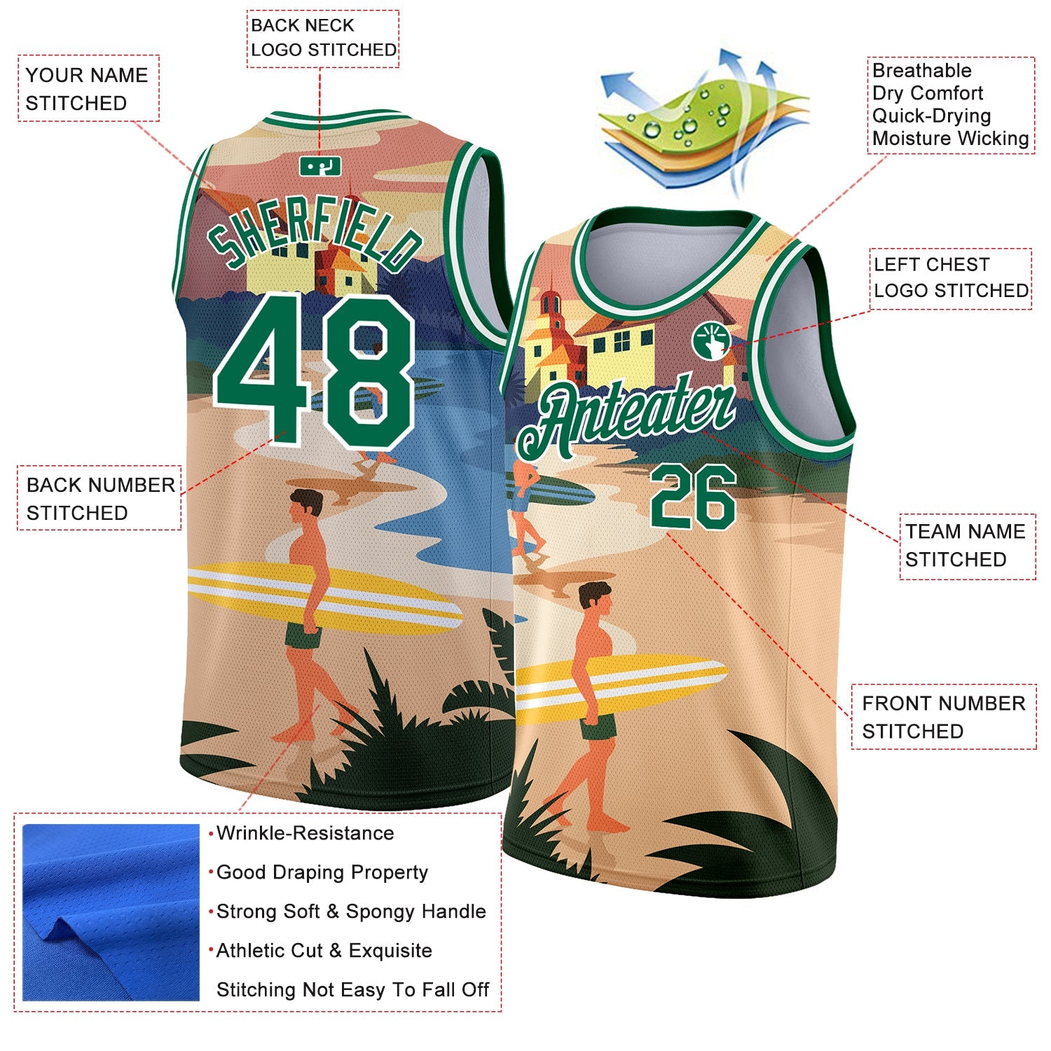 Custom Sand Kelly Green-White 3D Pattern Tropical Beach Hawaii Palm Trees Authentic Basketball Jersey view 2