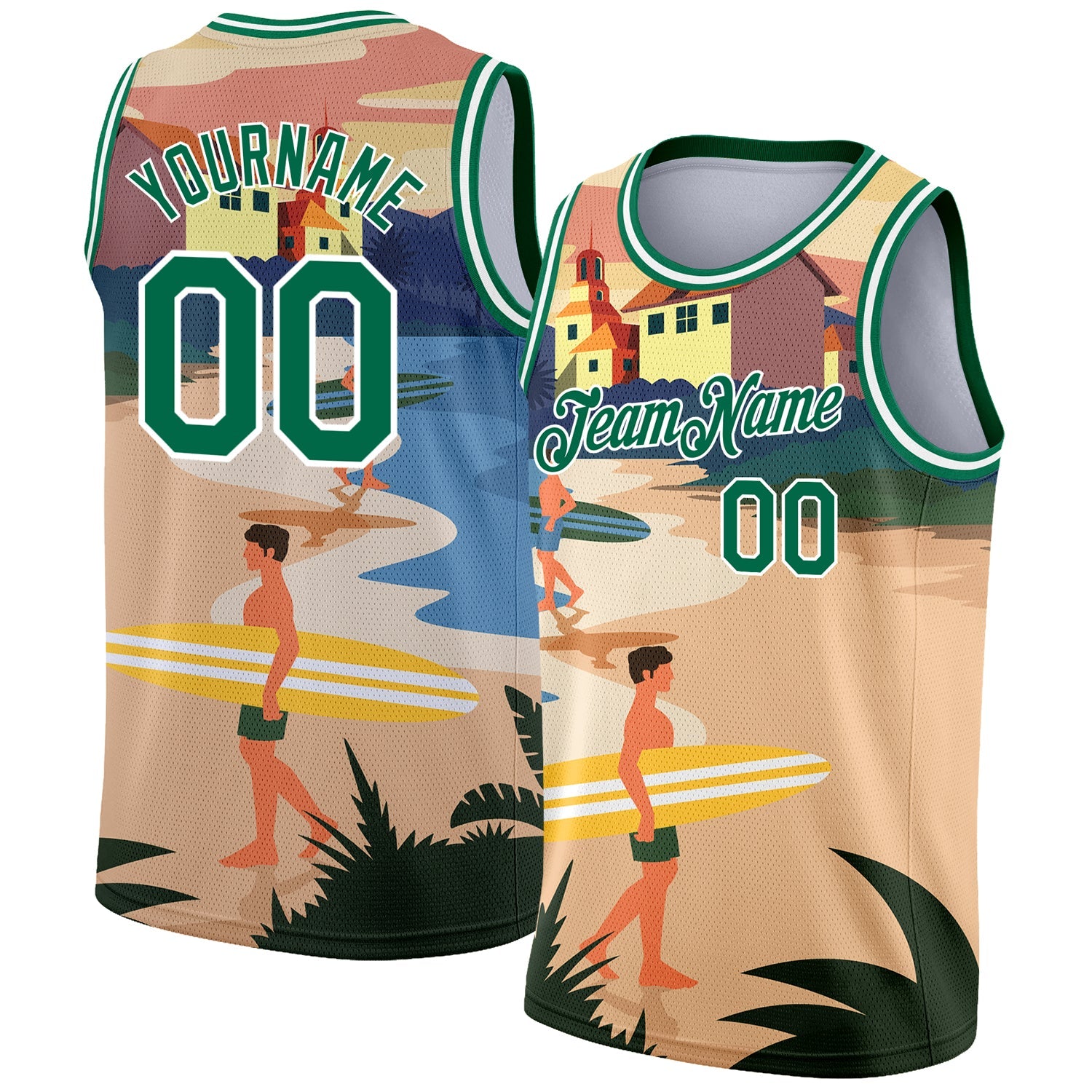 Custom Sand Kelly Green-White 3D Pattern Tropical Beach Hawaii Palm Trees Authentic Basketball Jersey - Main View