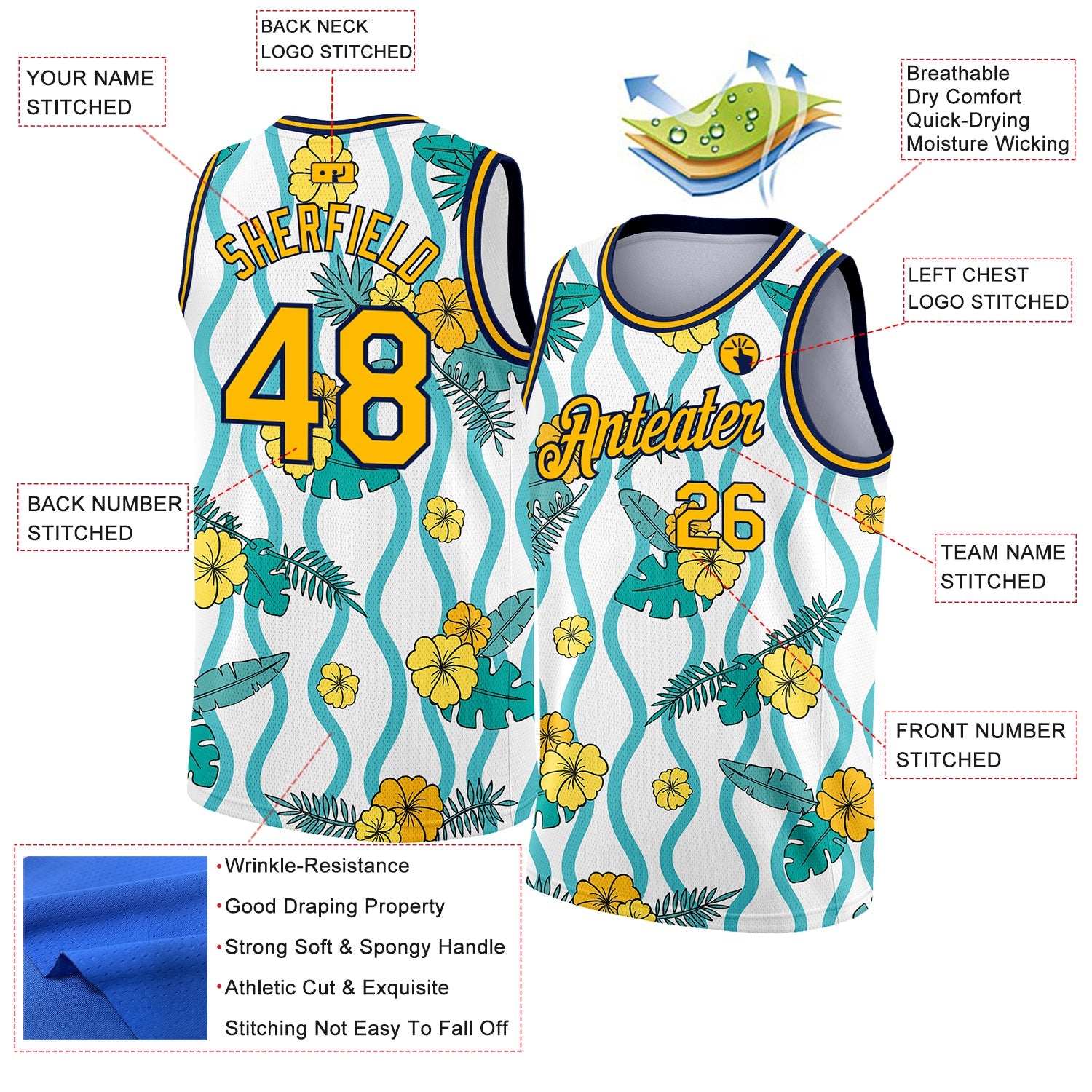 Custom White Gold-Navy 3D Pattern Tropical Hawaii Plant And Flower Authentic Basketball Jersey view 2