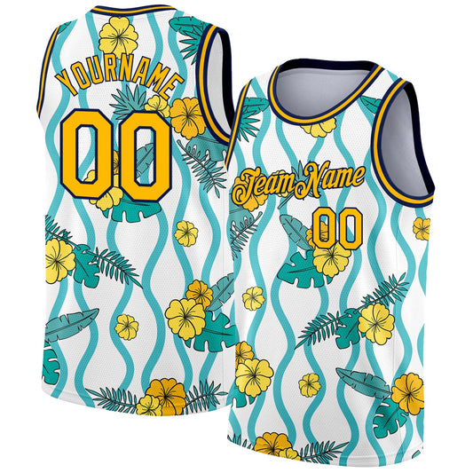 Custom White Gold-Navy 3D Pattern Tropical Hawaii Plant And Flower Authentic Basketball Jersey - Main View