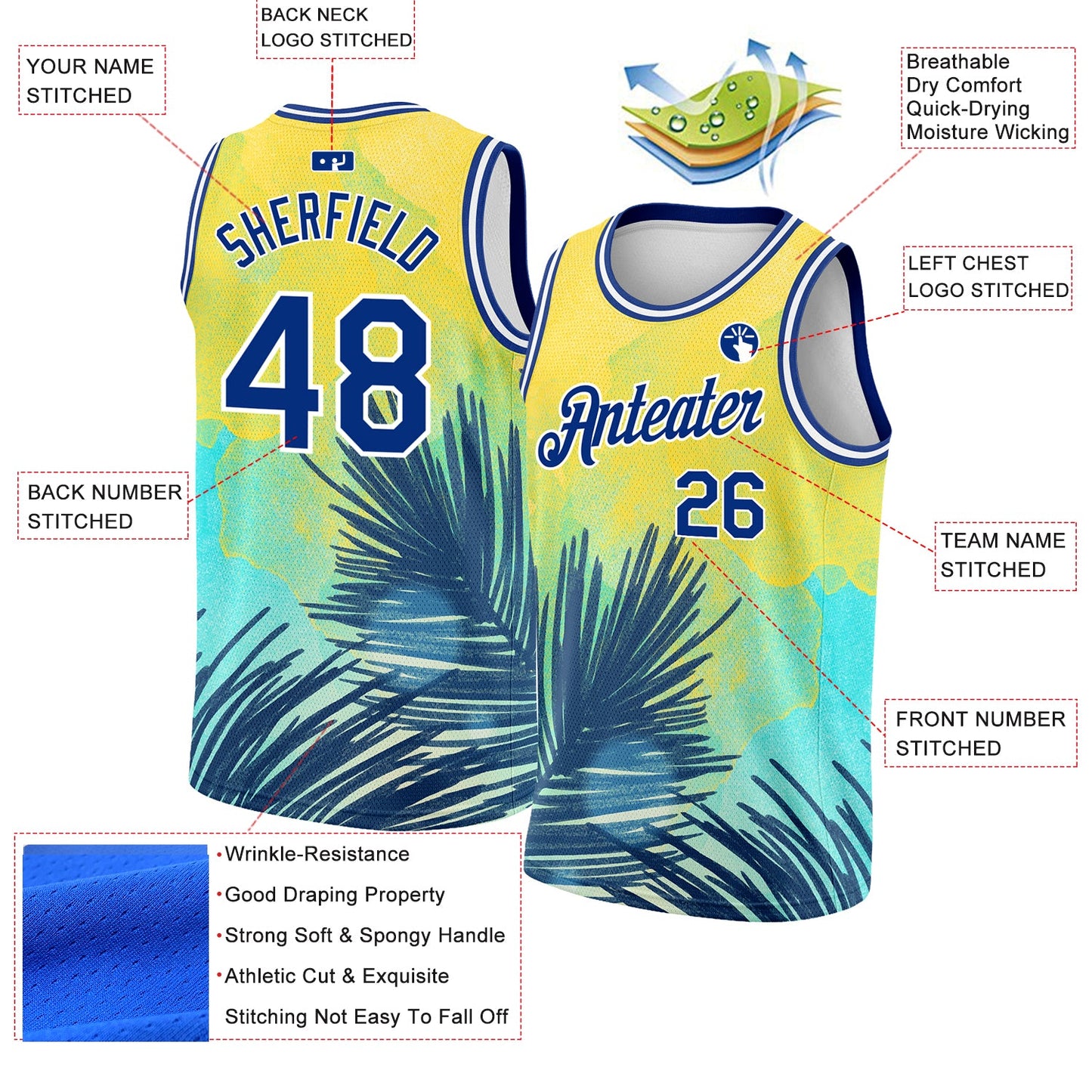 Custom Yellow Royal-White 3D Pattern Tropical Hawaii Leaves Authentic Basketball Jersey view 2