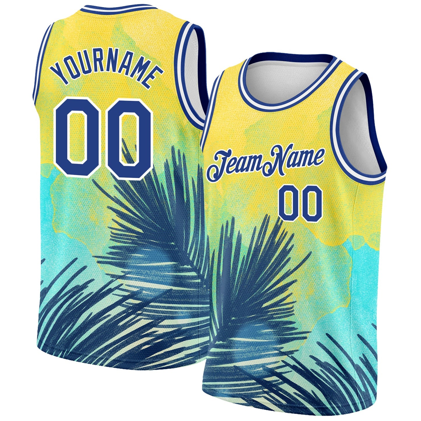 Custom Yellow Royal-White 3D Pattern Tropical Hawaii Leaves Authentic Basketball Jersey - Main View