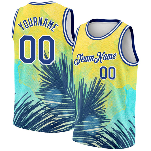 Custom Yellow Royal-White 3D Pattern Tropical Hawaii Leaves Authentic Basketball Jersey - Main View
