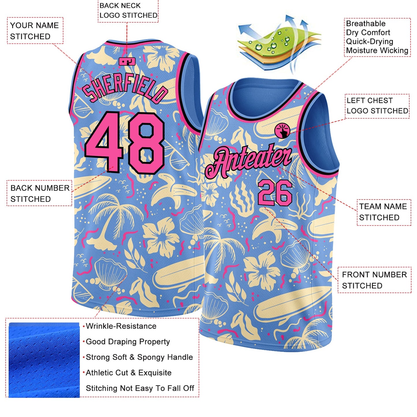 Custom Light Blue Pink-Black 3D Pattern Tropical Hawaii Trees Authentic Basketball Jersey view 2