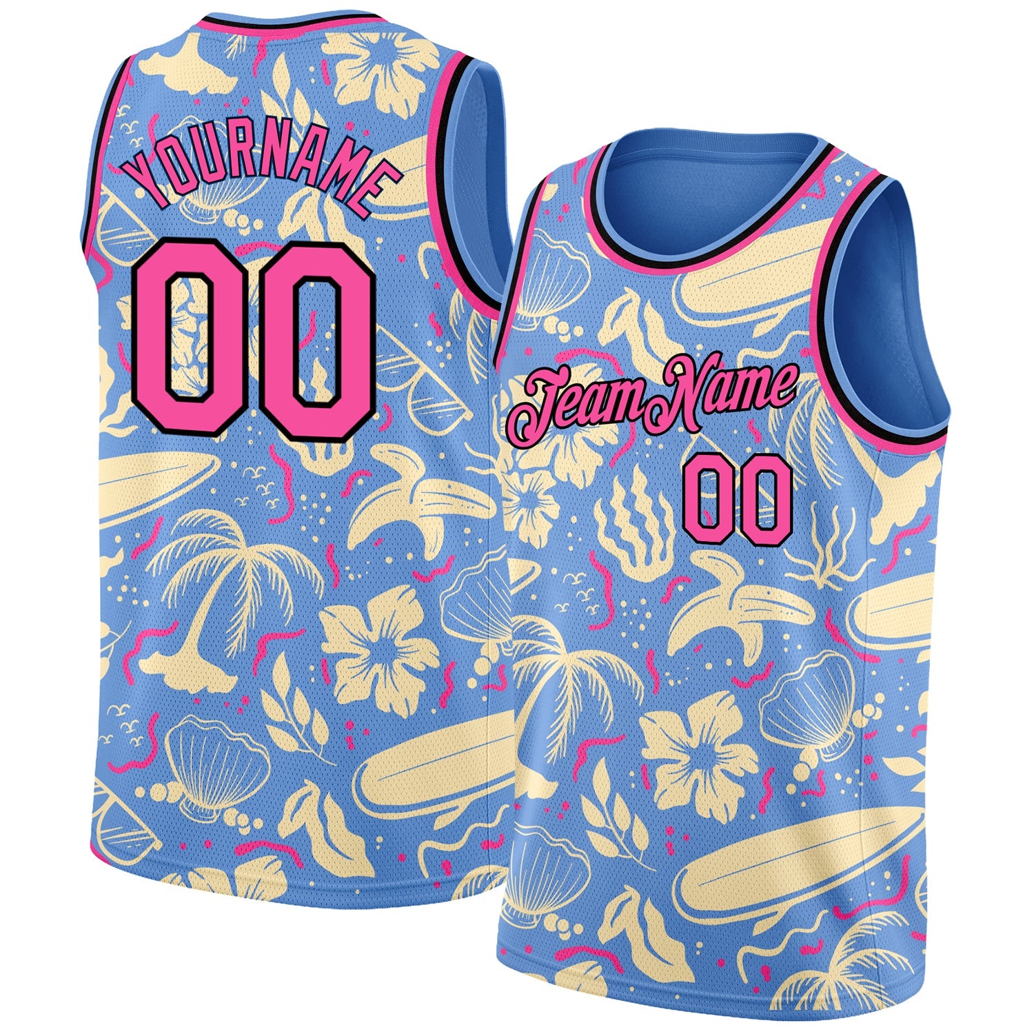Custom Light Blue Pink-Black 3D Pattern Tropical Hawaii Trees Authentic Basketball Jersey - Main View