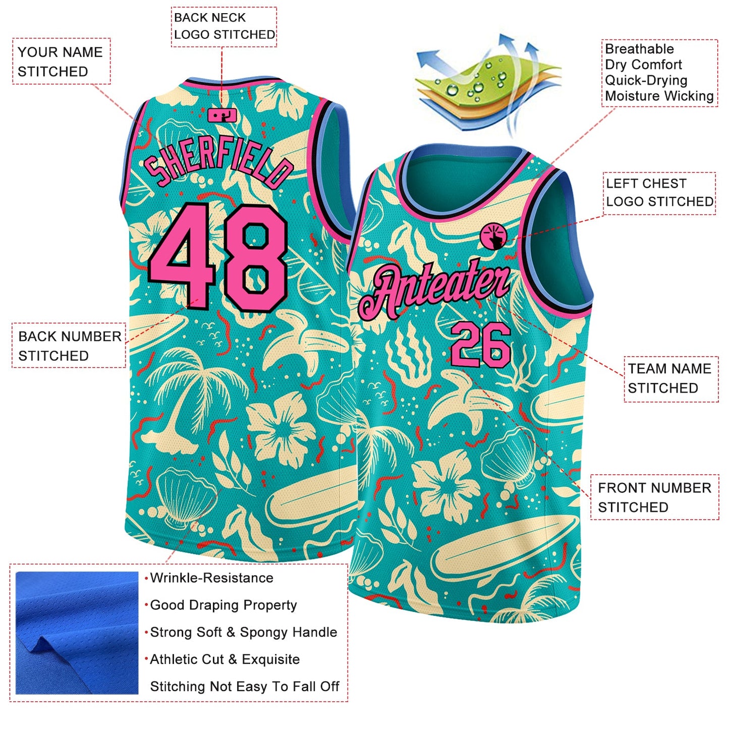 Custom Aqua Pink-Black 3D Pattern Tropical Hawaii Trees Authentic Basketball Jersey view 2