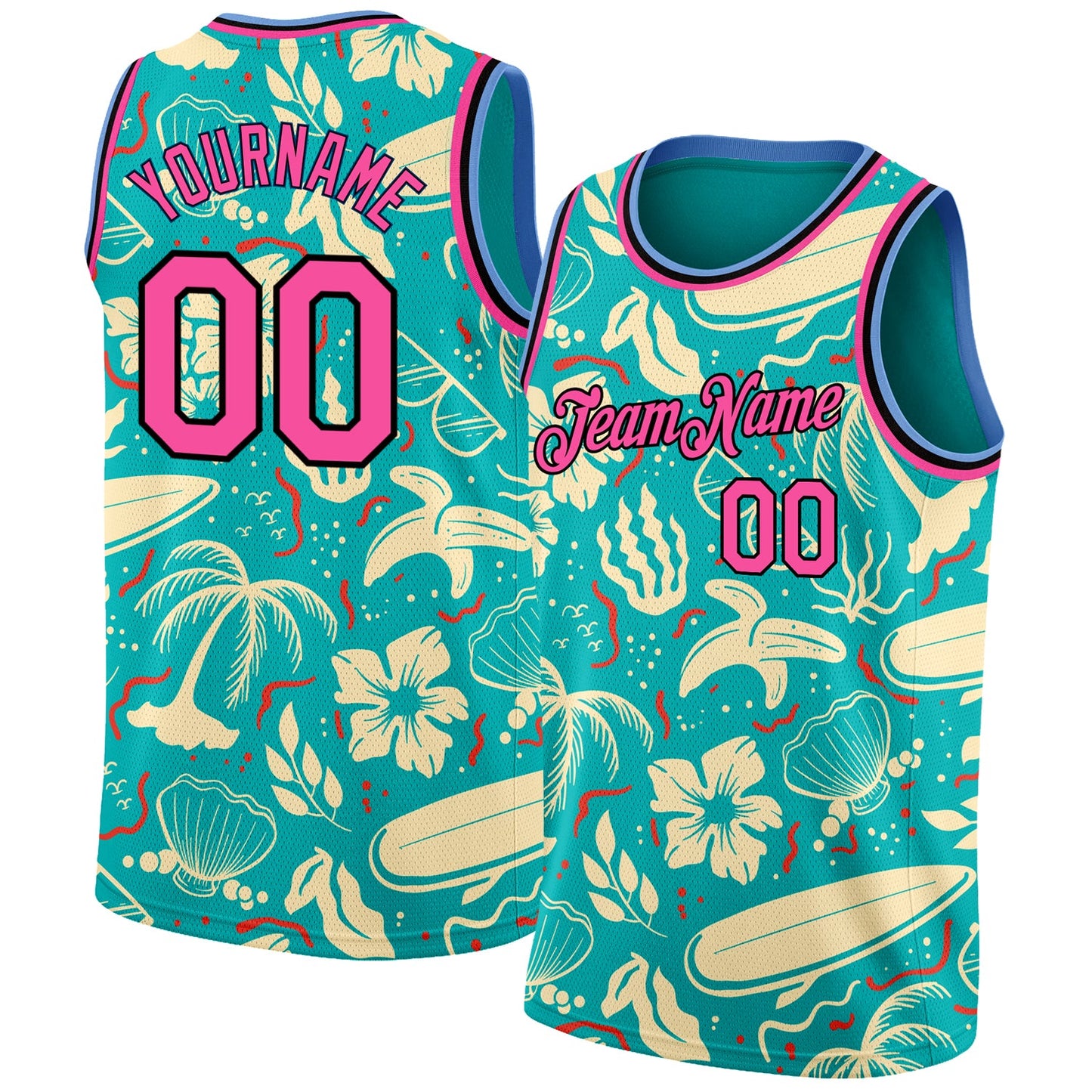 Custom Aqua Pink-Black 3D Pattern Tropical Hawaii Trees Authentic Basketball Jersey - Main View
