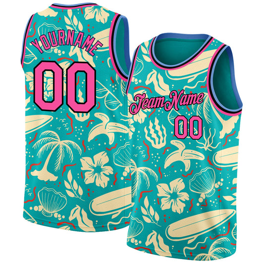 Custom Aqua Pink-Black 3D Pattern Tropical Hawaii Trees Authentic Basketball Jersey - Main View