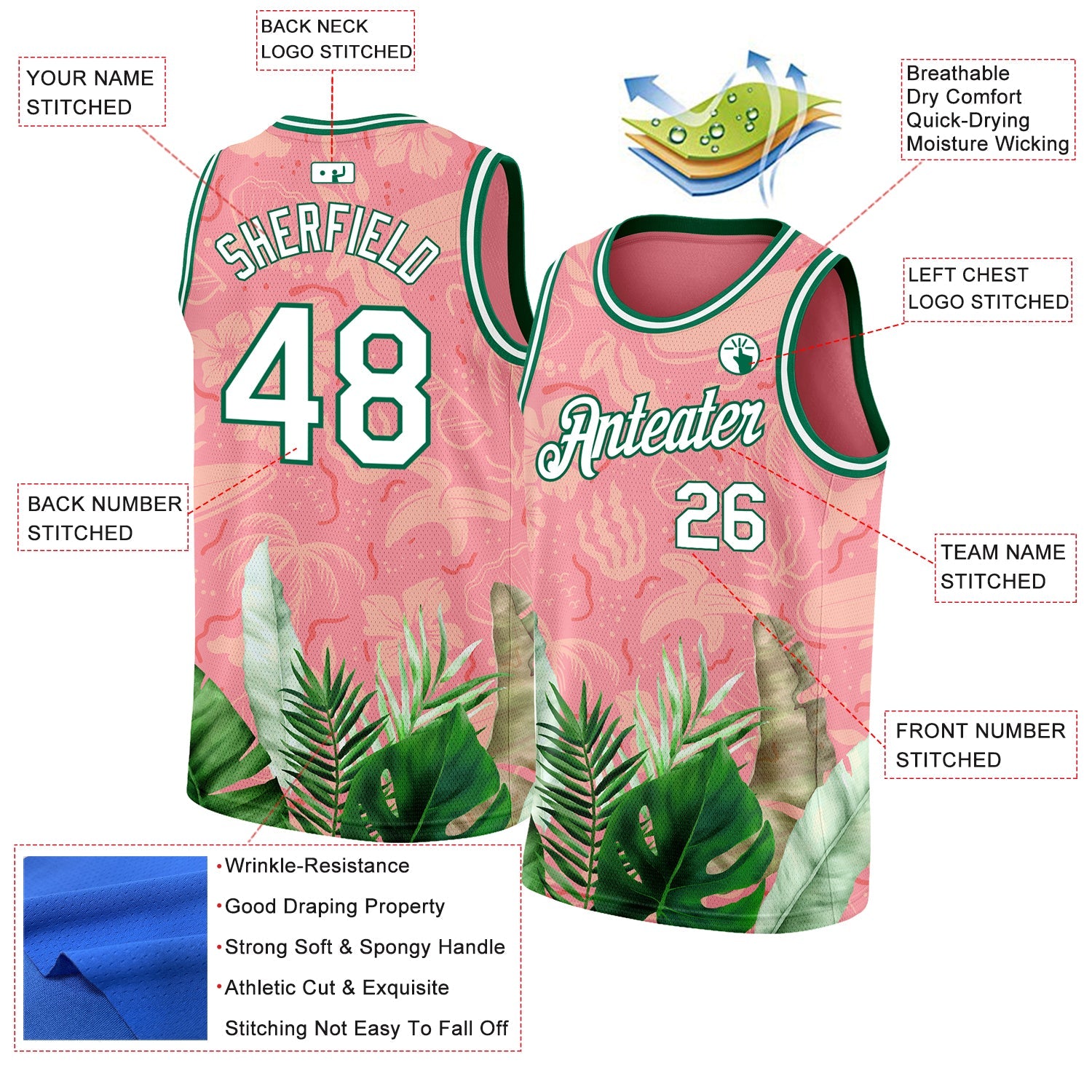 Custom Medium Pink White-Kelly Green 3D Pattern Tropical Hawaii Leaves Authentic Basketball Jersey view 2