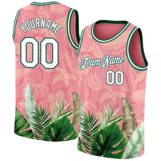 Custom Medium Pink White-Kelly Green 3D Pattern Tropical Hawaii Leaves Authentic Basketball Jersey - Main View