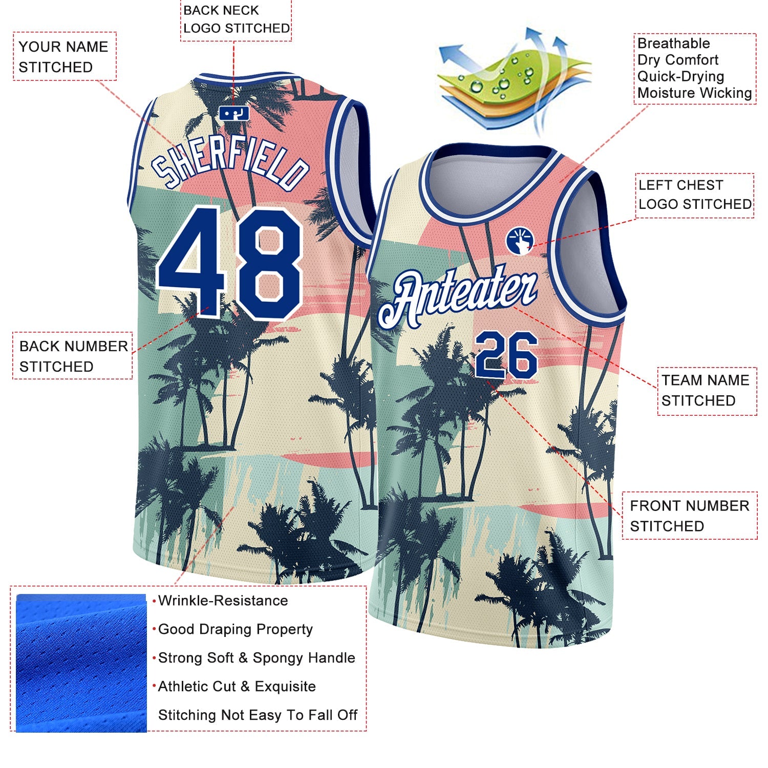 Custom Cream Royal-White 3D Pattern Tropical Hawaii Trees Authentic Basketball Jersey view 2