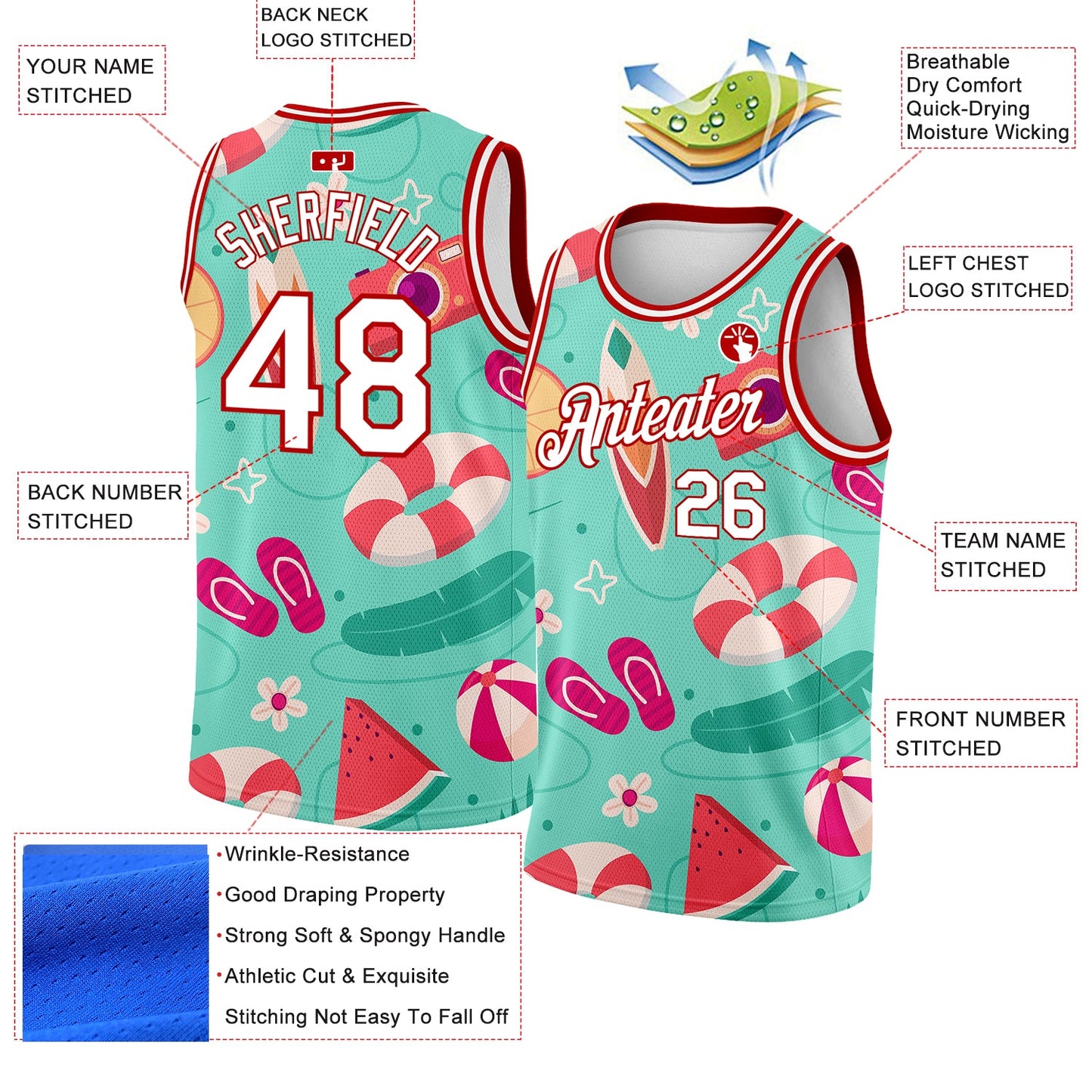 Custom Aqua White-Red 3D Pattern Tropical Hawaii Beach Authentic Basketball Jersey view 2