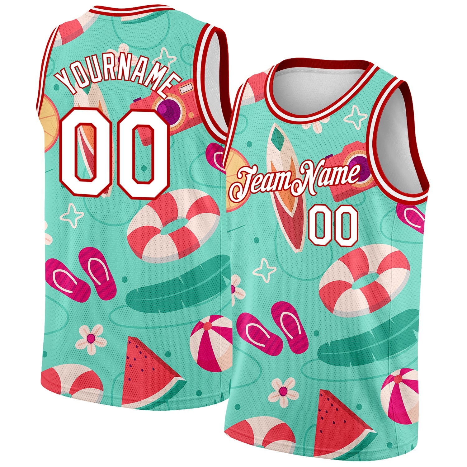 Custom Aqua White-Red 3D Pattern Tropical Hawaii Beach Authentic Basketball Jersey - Main View