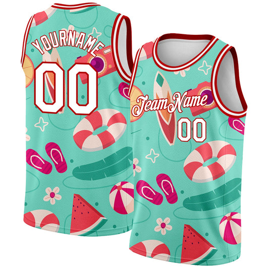 Custom Aqua White-Red 3D Pattern Tropical Hawaii Beach Authentic Basketball Jersey - Main View