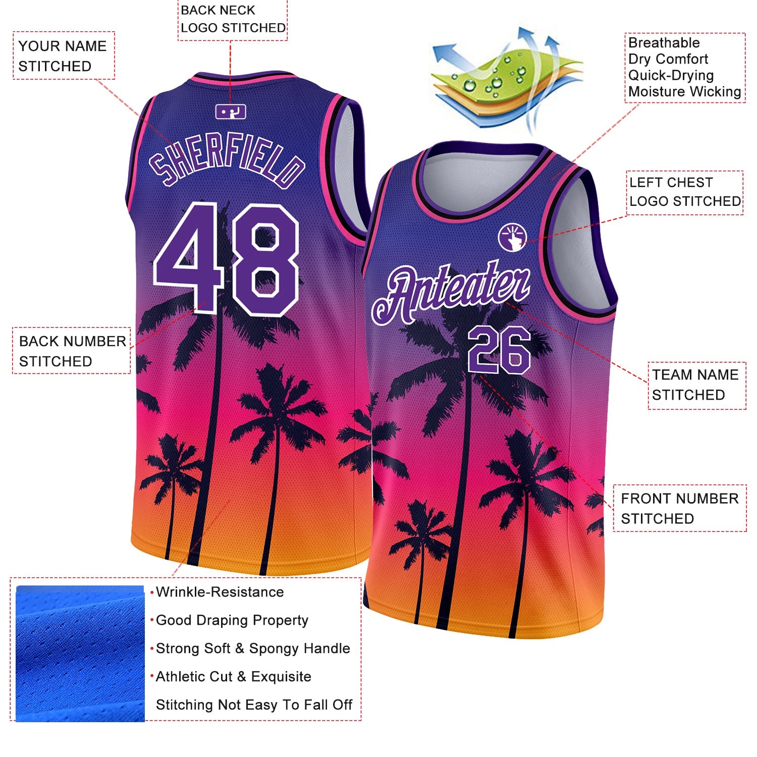 Custom Purple White 3D Pattern Tropical Hawaii Trees Authentic Basketball Jersey view 2