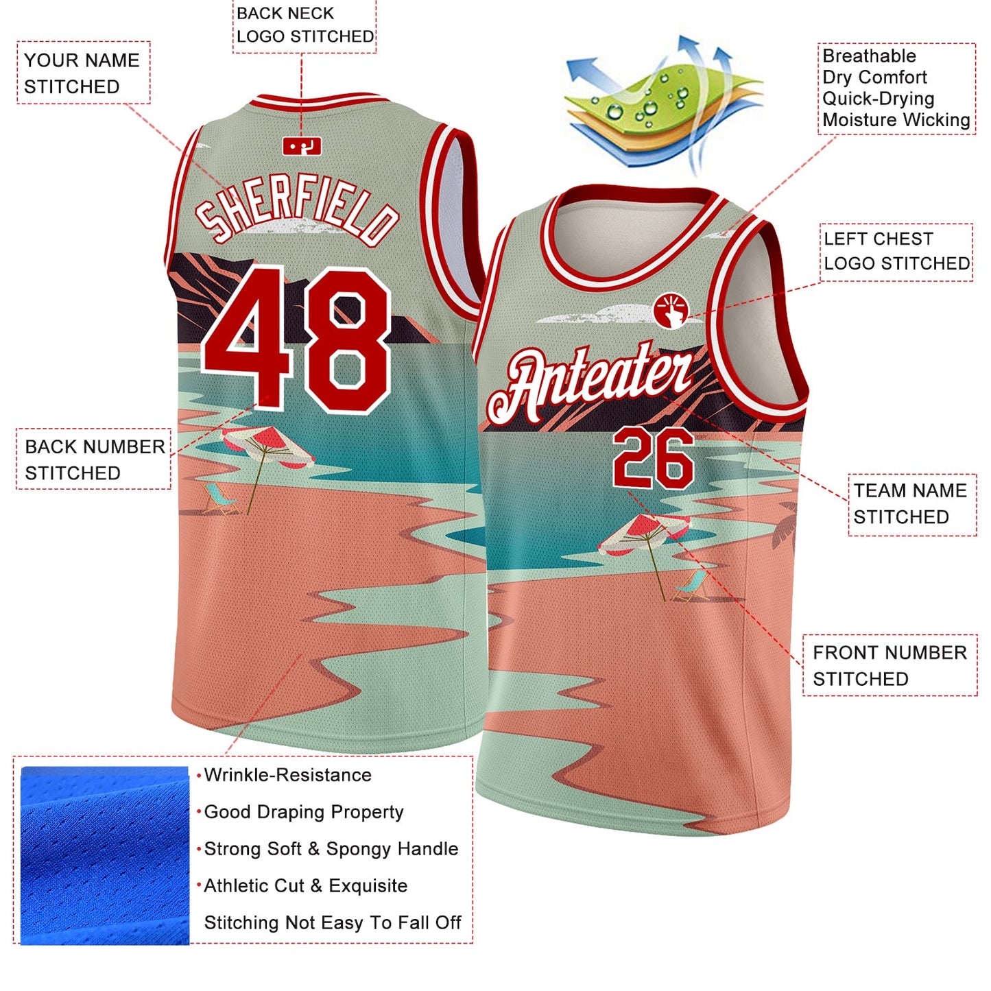 Custom Teal Red-White 3D Pattern Tropical Beach Hawaii Palm Trees Authentic Basketball Jersey view 2