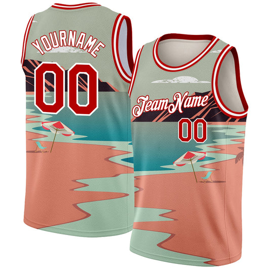 Custom Teal Red-White 3D Pattern Tropical Beach Hawaii Palm Trees Authentic Basketball Jersey - Main View