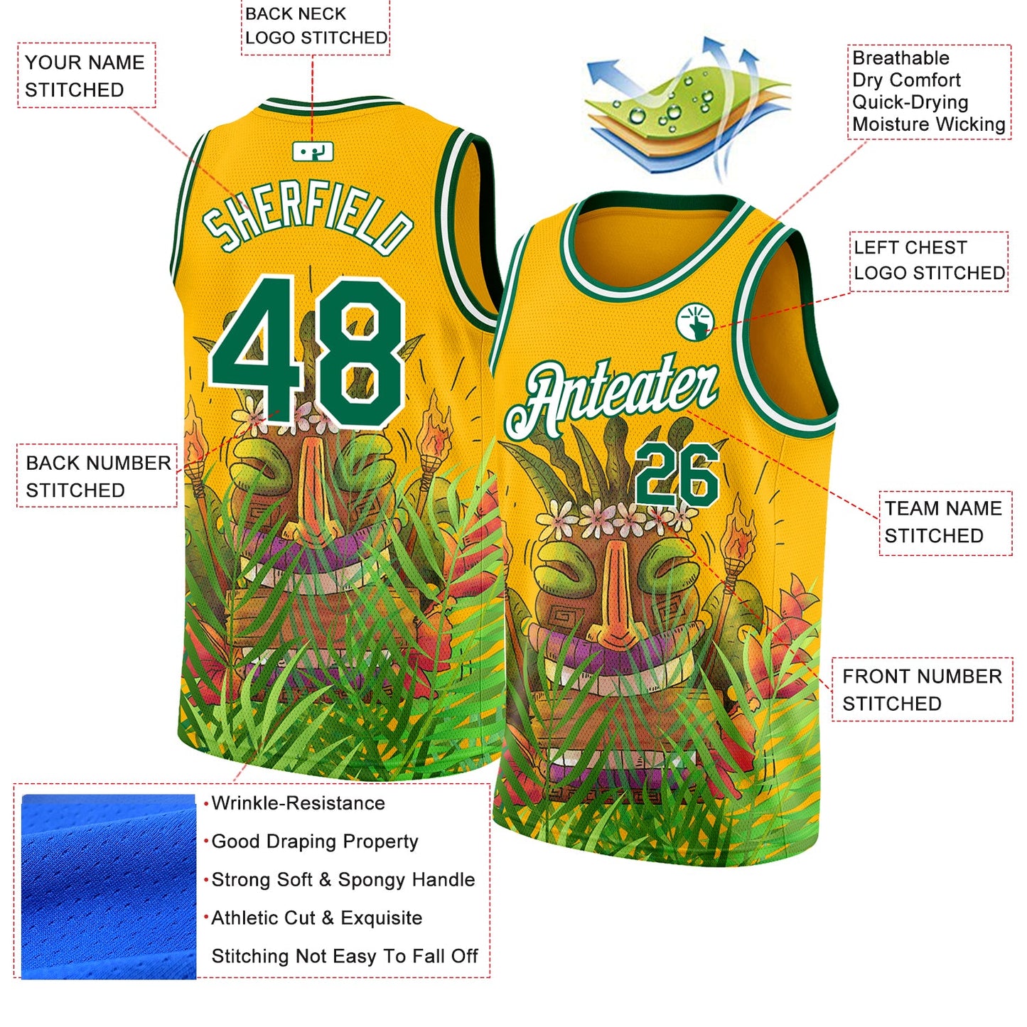 Custom Gold Kelly Green-White 3D Pattern Cartoon Tropical Hawaii Rainforest Authentic Basketball Jersey view 2