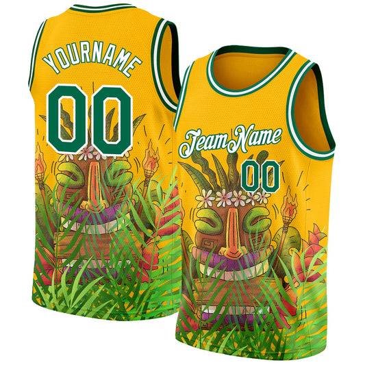 Custom Gold Kelly Green-White 3D Pattern Cartoon Tropical Hawaii Rainforest Authentic Basketball Jersey - Main View