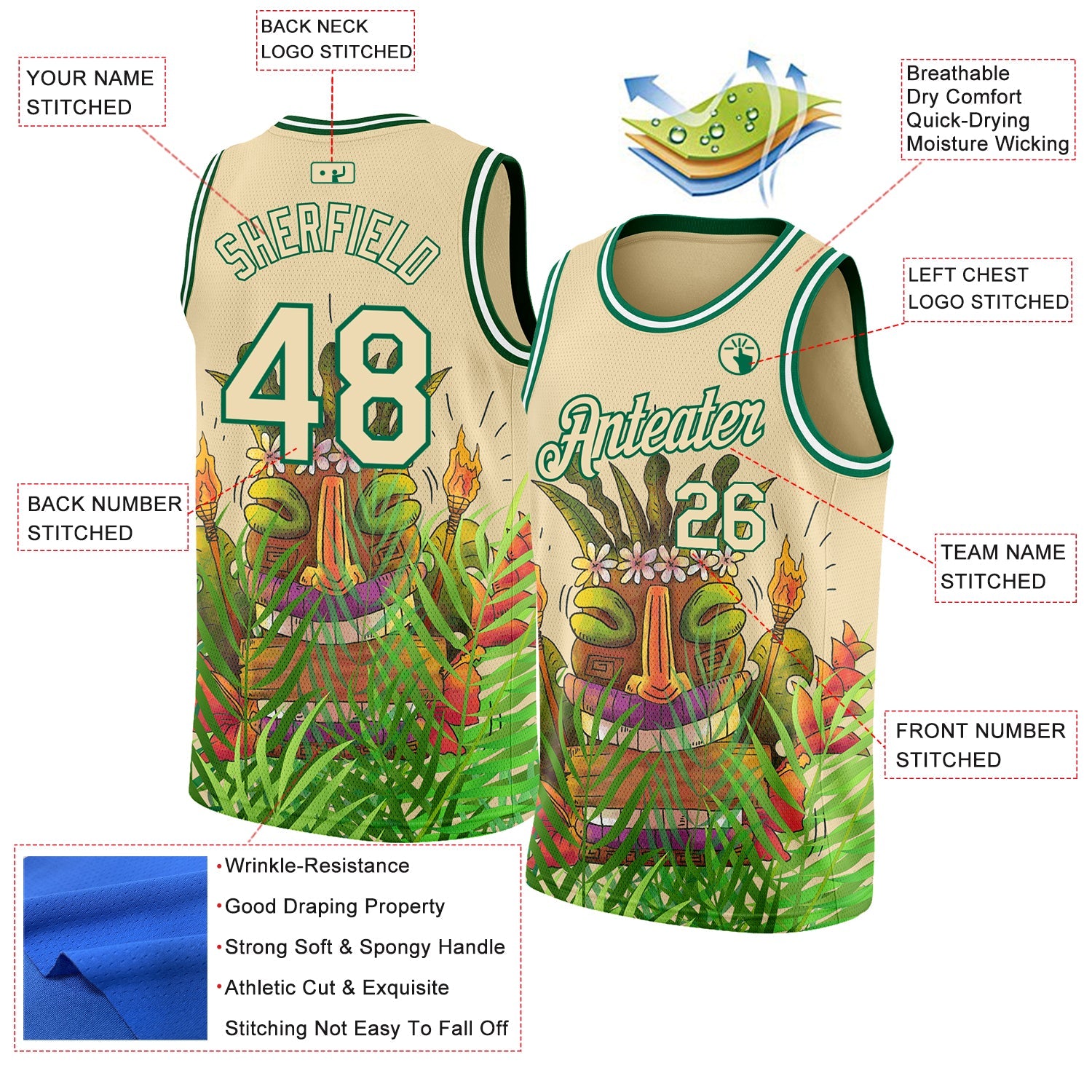 Custom Cream Kelly Green 3D Pattern Cartoon Tropical Hawaii Rainforest Authentic Basketball Jersey view 2