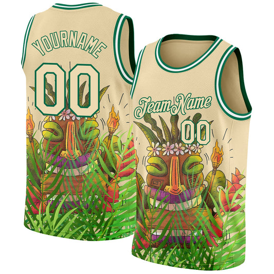 Custom Cream Kelly Green 3D Pattern Cartoon Tropical Hawaii Rainforest Authentic Basketball Jersey - Main View