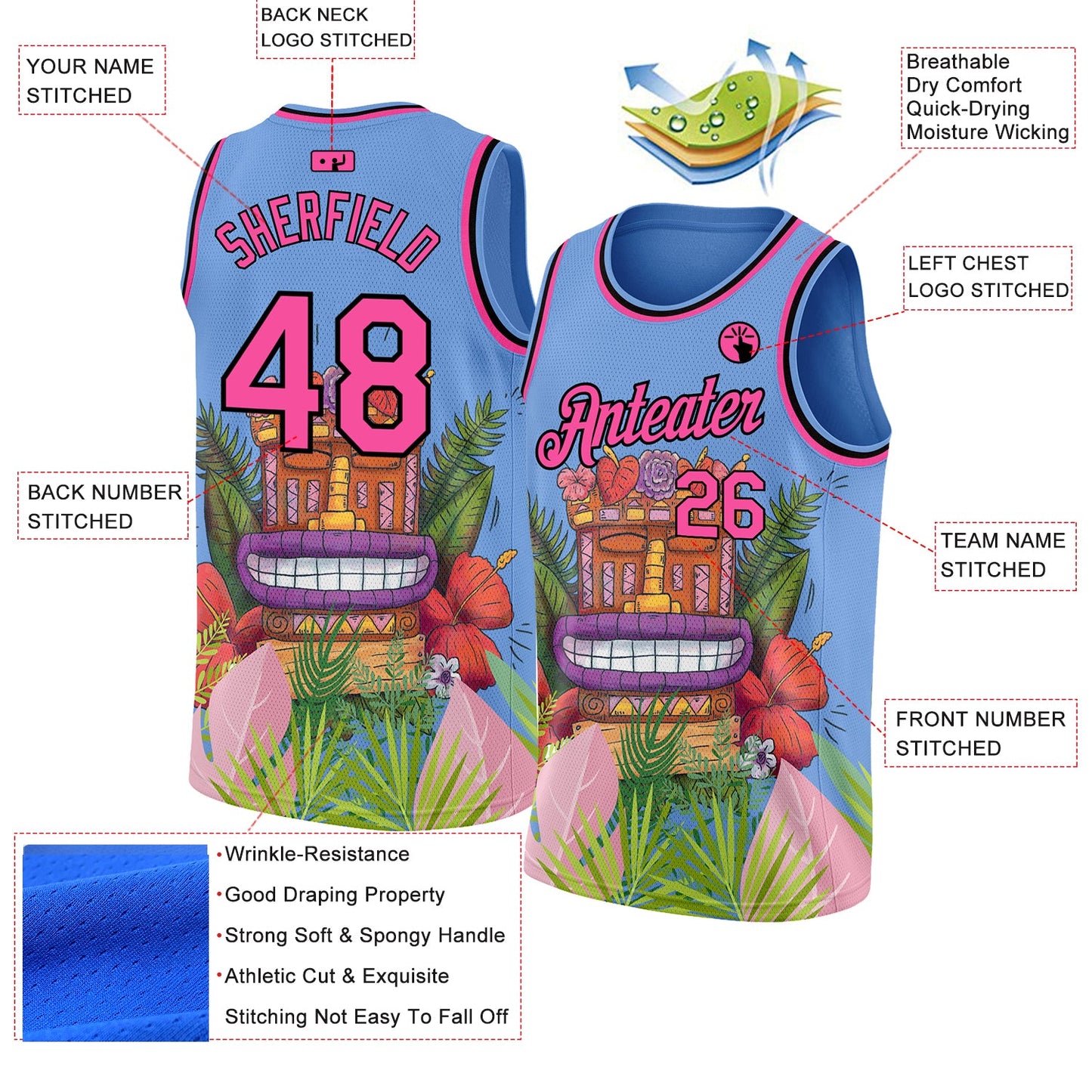 Custom Light Blue Pink-Black 3D Pattern Cartoon Tropical Hawaii Rainforest Authentic Basketball Jersey view 2