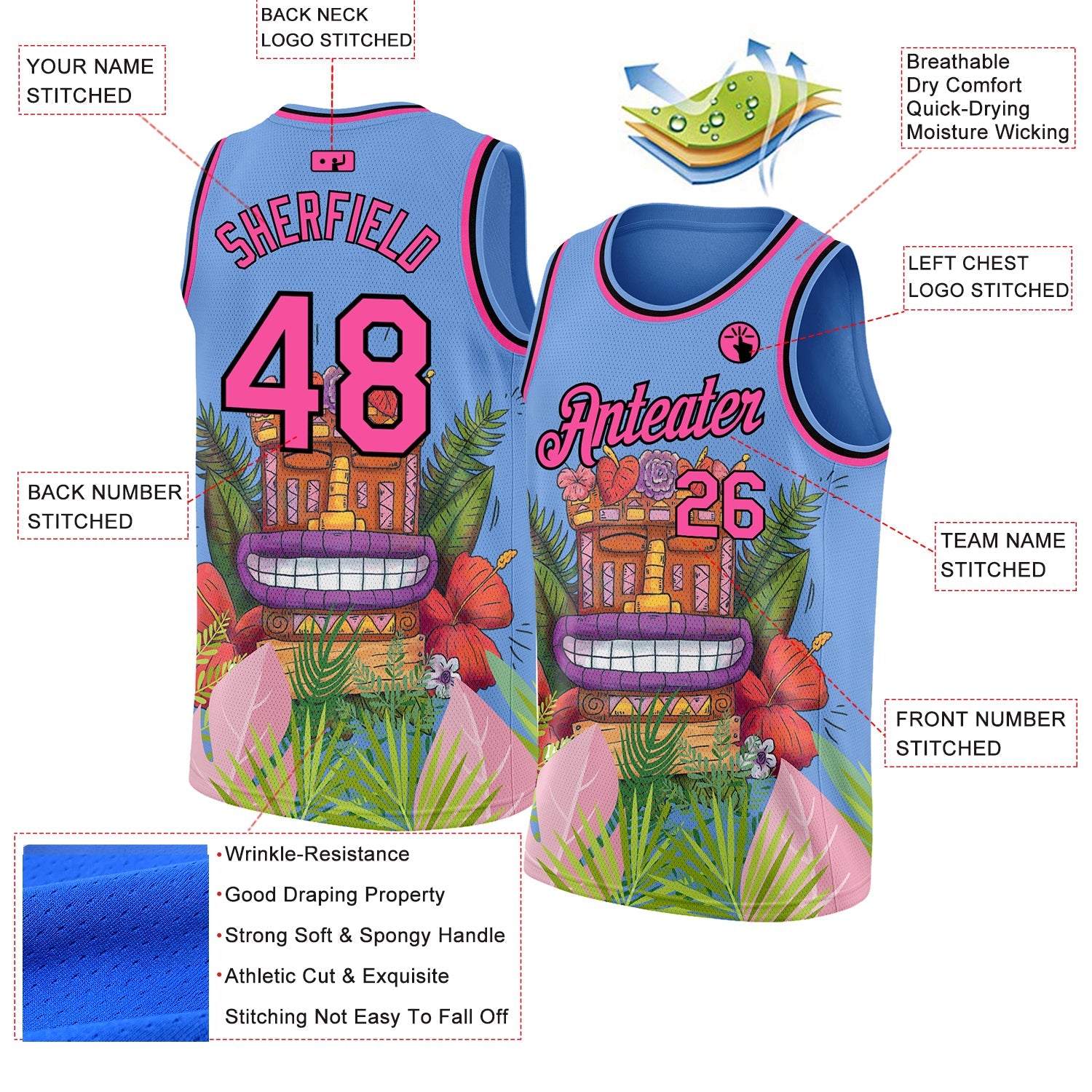 Custom Light Blue Pink-Black 3D Pattern Cartoon Tropical Hawaii Rainforest Authentic Basketball Jersey view 2