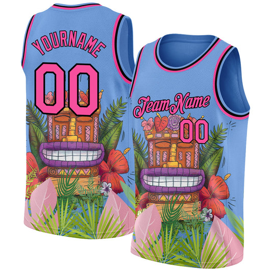 Custom Light Blue Pink-Black 3D Pattern Cartoon Tropical Hawaii Rainforest Authentic Basketball Jersey - Main View