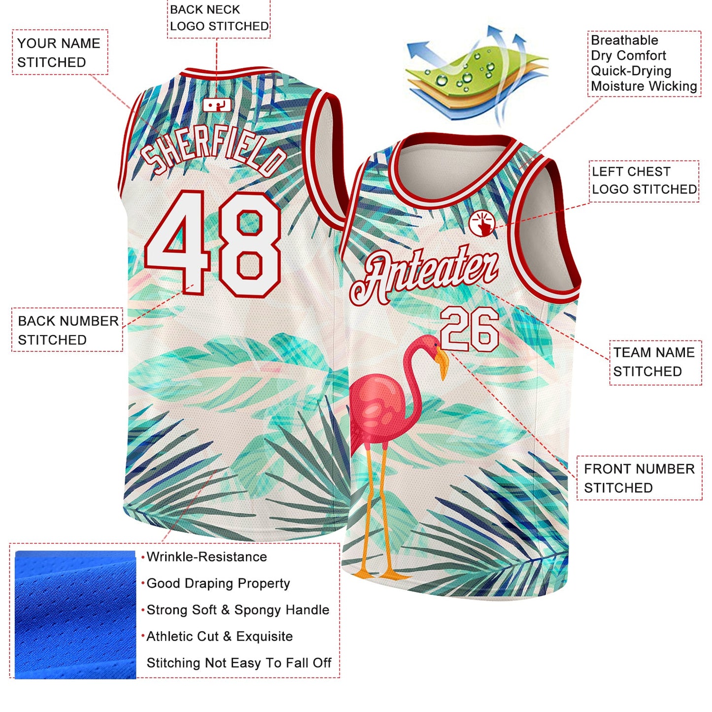 Custom White Red 3D Pattern Tropical Hawaii Leaves And Flamingo Authentic Basketball Jersey view 2