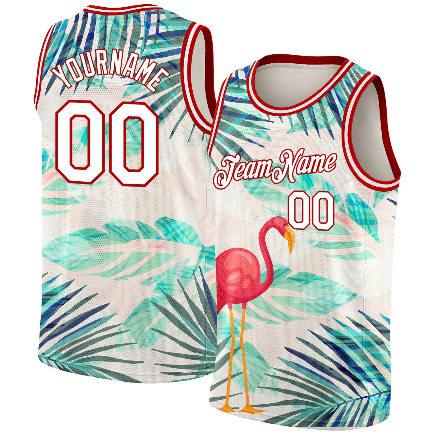 Custom White Red 3D Pattern Tropical Hawaii Leaves And Flamingo Authentic Basketball Jersey - Main View