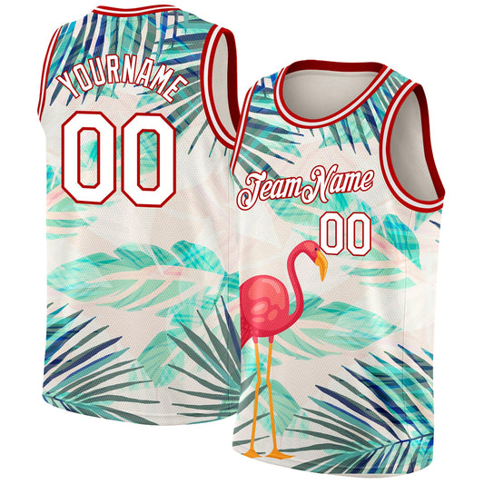 Custom White Red 3D Pattern Tropical Hawaii Leaves And Flamingo Authentic Basketball Jersey - Main View