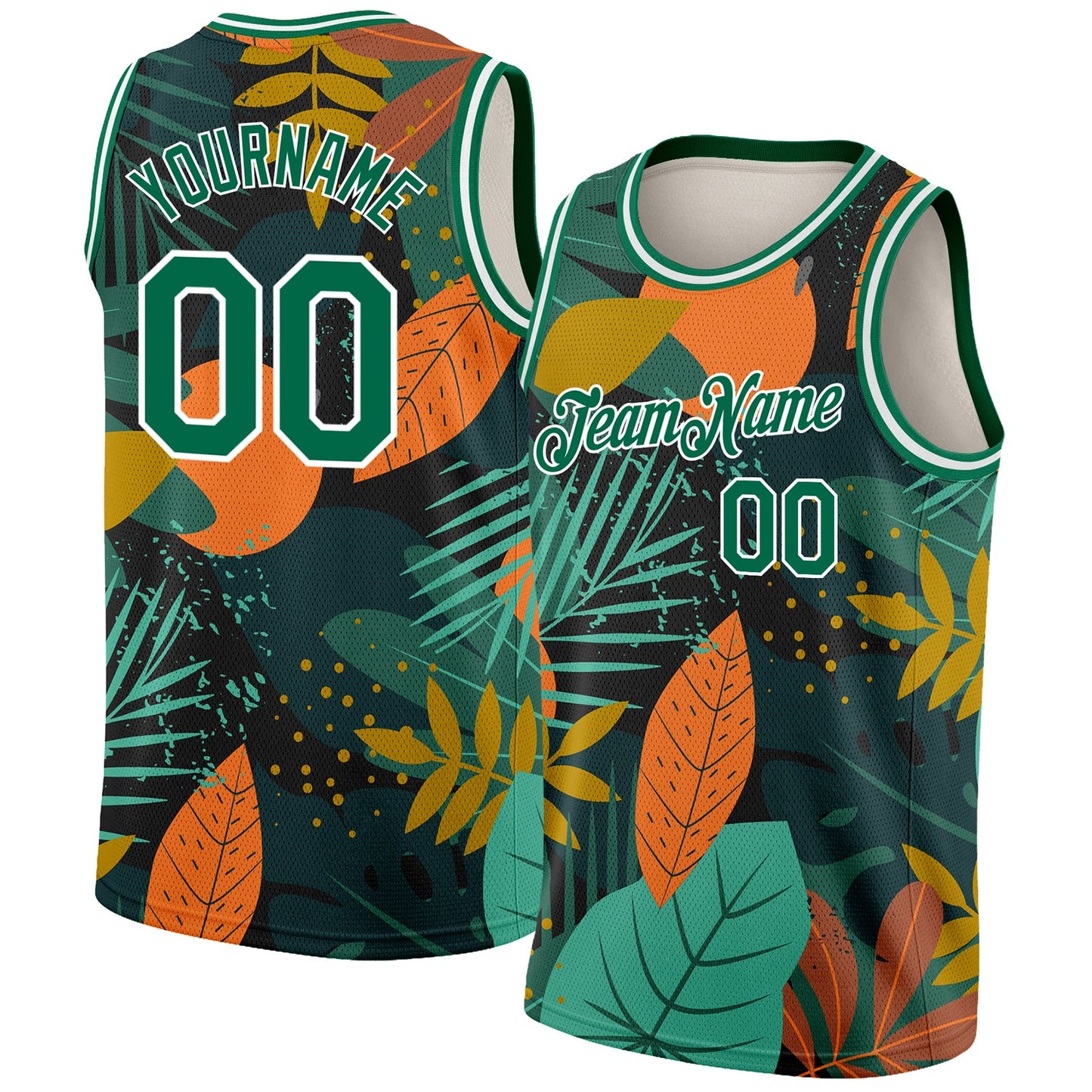 Custom Black Kelly Green-White 3D Pattern Tropical Hawaii Leaves Authentic Basketball Jersey - Main View